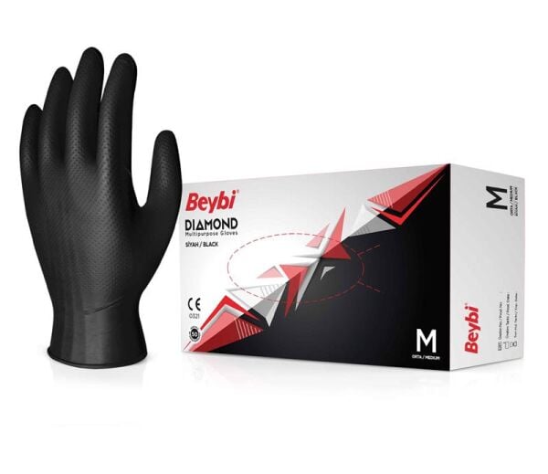 Beybi Diamond Siyah Nitril Muayene Eldiveni Pudrasız (XL) 100 lü