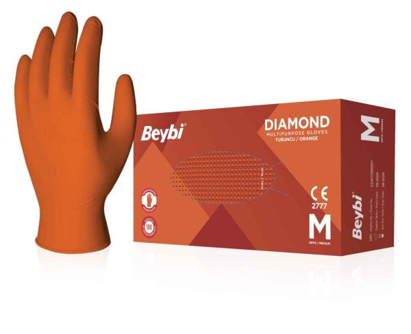Beybi Diamond Turuncu Nitril Muayene Eldiveni Pudrasız (L) 100 lü