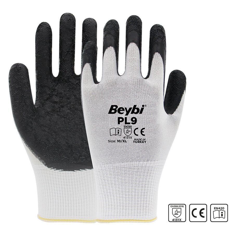 Beybi Pl-9 Poly Örgü Tırtıklı Lateks Kaplı Eldiven Siyah/Beyaz No:10