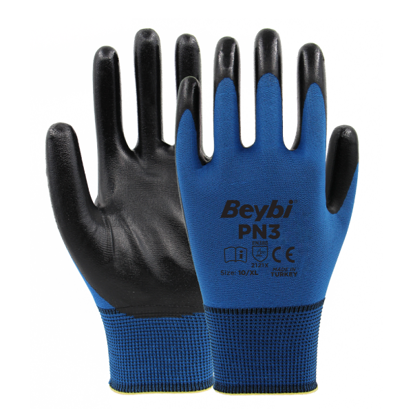 Beybi Pn3 Poly Astarlı Nitril Mavi-Siyah Eldiven No:10