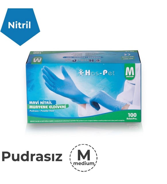 Has-Pet Mavi Nitril Muayene Eldiveni Pudrasız (L) 100 lü
